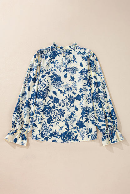 Sky Blue Floral Print Flounce Sleeve Keyhole Blouse