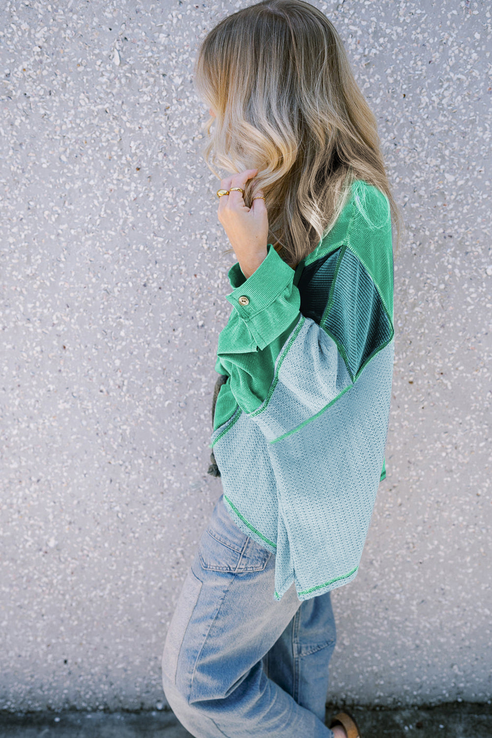 Green Colorblock Stitching Patchwork Buttoned Long Sleeve Top