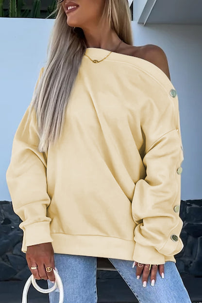 Beige Buttoned Sleeve Dropped Shoulder Sweatshirt