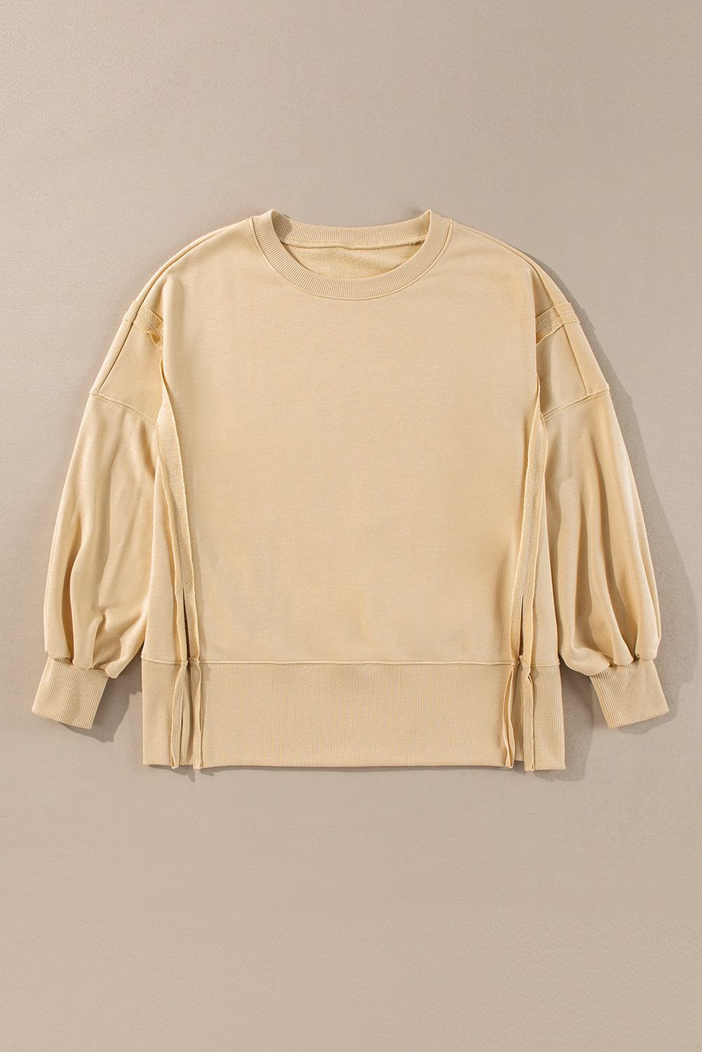 Light French Beige Exposed Seam Drop Shoulder Round Neck Sweatshirt with Slits