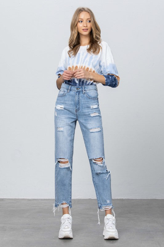 High Waist Ripped Fray Girlfriend Jeans