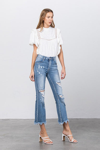 Stretch Mid Rise Crop Flare Jeans