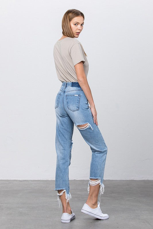 High Waist Ripped Frayed Hem Tapered Jeans