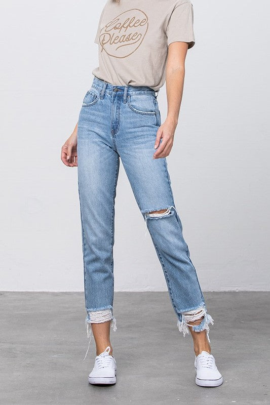 High Waist Ripped Frayed Hem Tapered Jeans