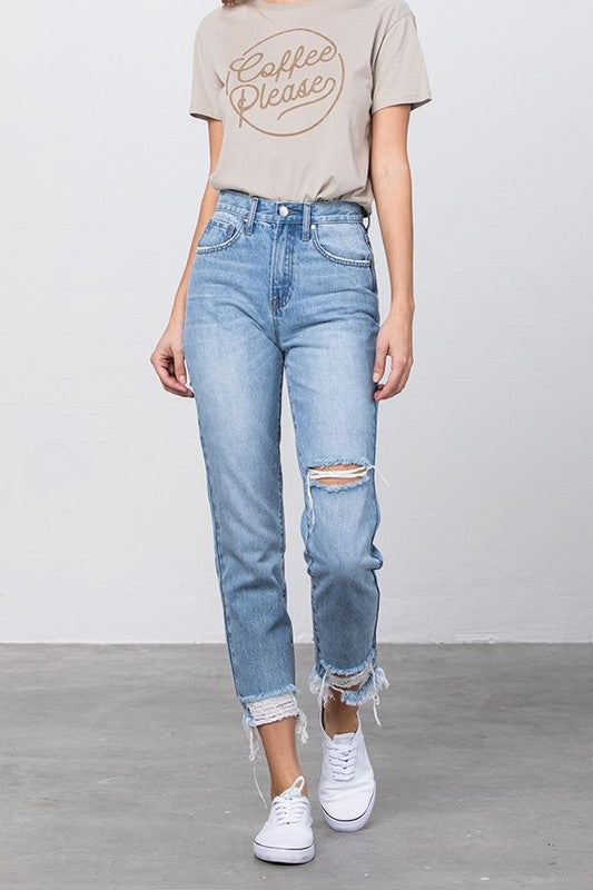 High Waist Ripped Frayed Hem Tapered Jeans