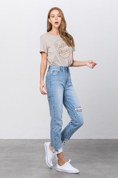 High Waist Ripped Frayed Hem Tapered Jeans