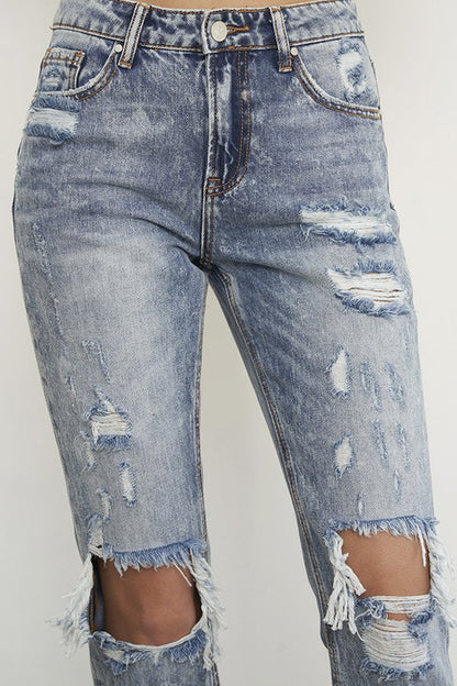 High Rise Ripped Frayed Hem Straight Jeans