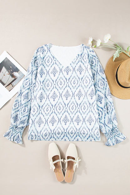 Sky Blue Geometric Print Shirred Puff Neck Blouse