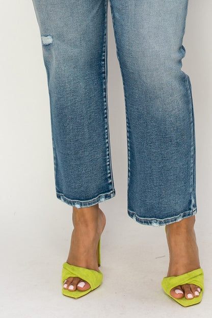 Plus High Rise Stretch Distressed Ankle Straight Jeans