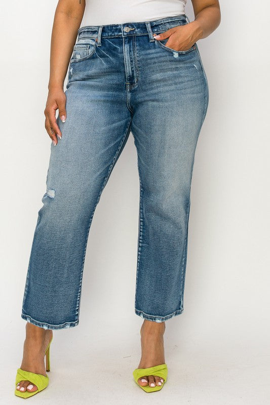 Plus High Rise Stretch Distressed Ankle Straight Jeans