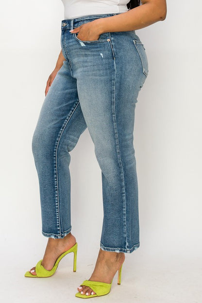 Plus High Rise Stretch Distressed Ankle Straight Jeans