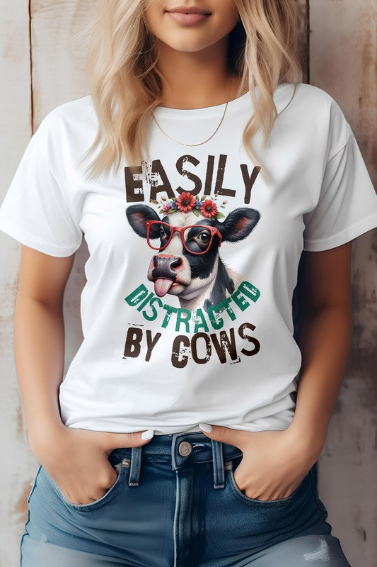 Easily Distracted by Cows Funny Graphic Tee