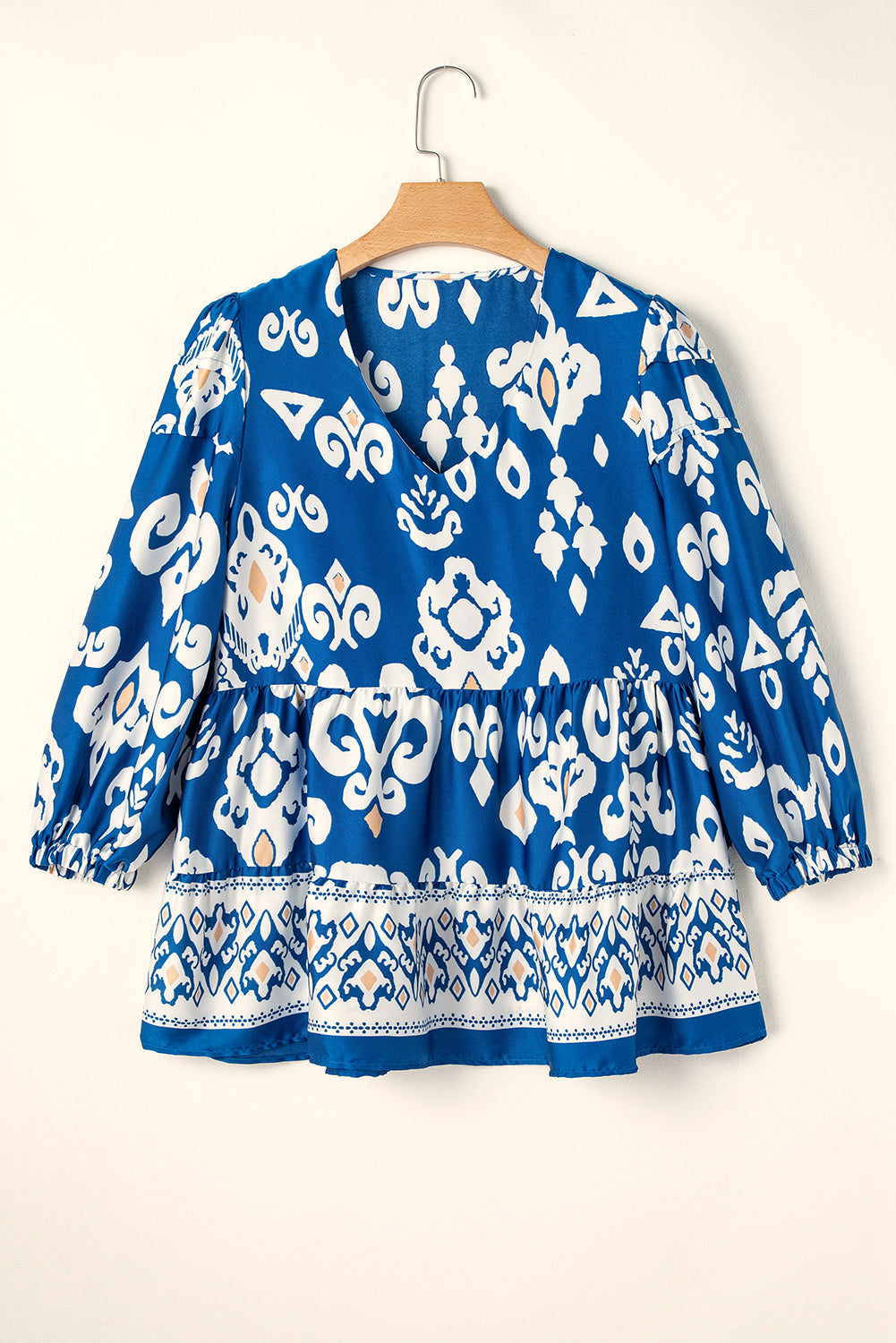 Blue Tribal Geometric Print 3/4 Sleeves Blouse