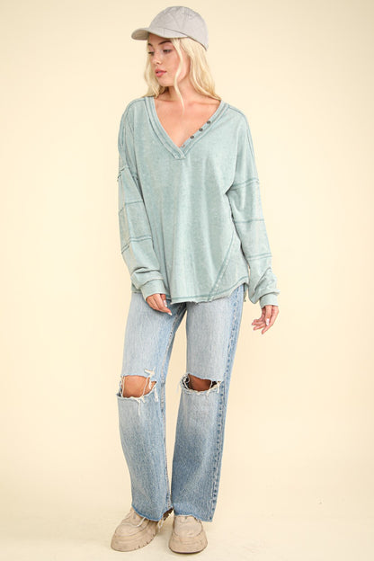 VERY J Washed V-Neck Exposed Seam Knit Top