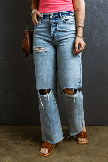 Light Blue Distressed Ripped Raw Hem Straight Jeans