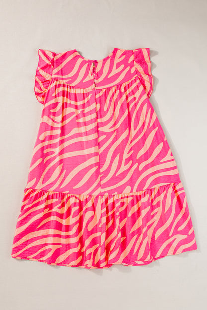 Pink Zebra Stripe Printed Ruffle Trim Pocketed Dress