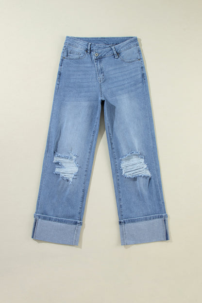 Dusk Blue High Rise Asymmetric Button Zip Fly Ripped Jeans