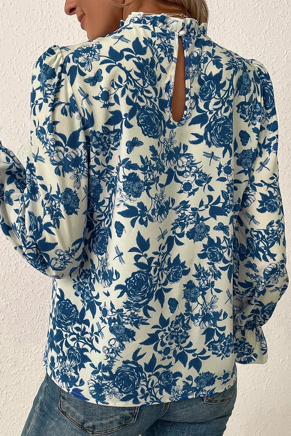 Sky Blue Floral Print Flounce Sleeve Keyhole Blouse