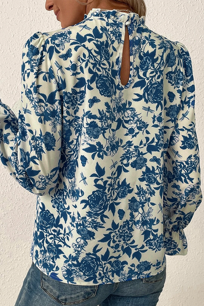 Sky Blue Floral Print Flounce Sleeve Keyhole Blouse