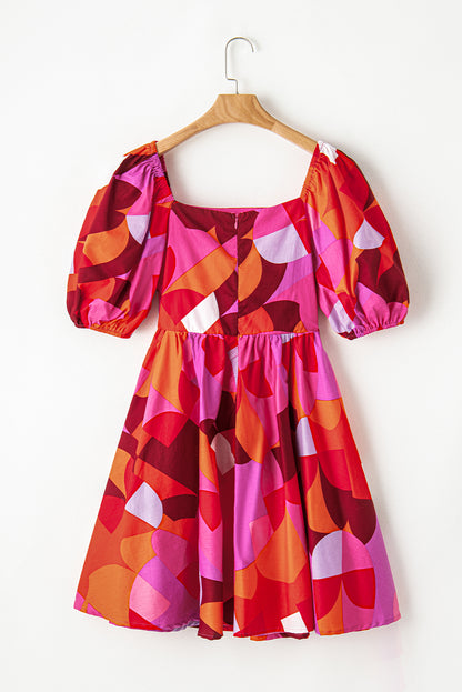 Red Abstract Print Square Neck Puff Sleeve Dress