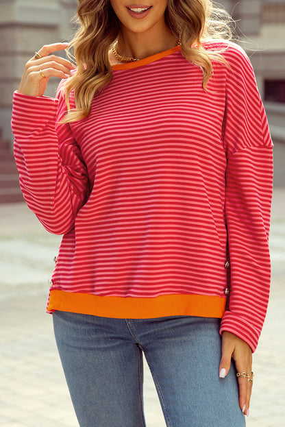 Tomato Red Two Tone Striped Side Buttons Drop Shoulder Shirt