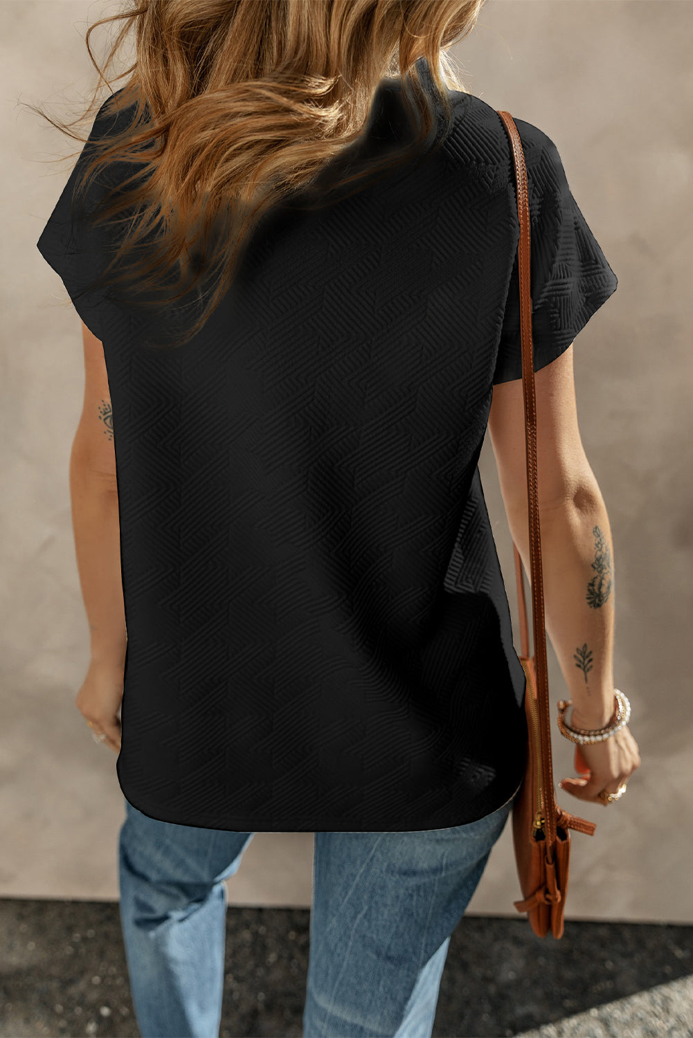 Black Textured V Neck Collared Short Sleeve Top