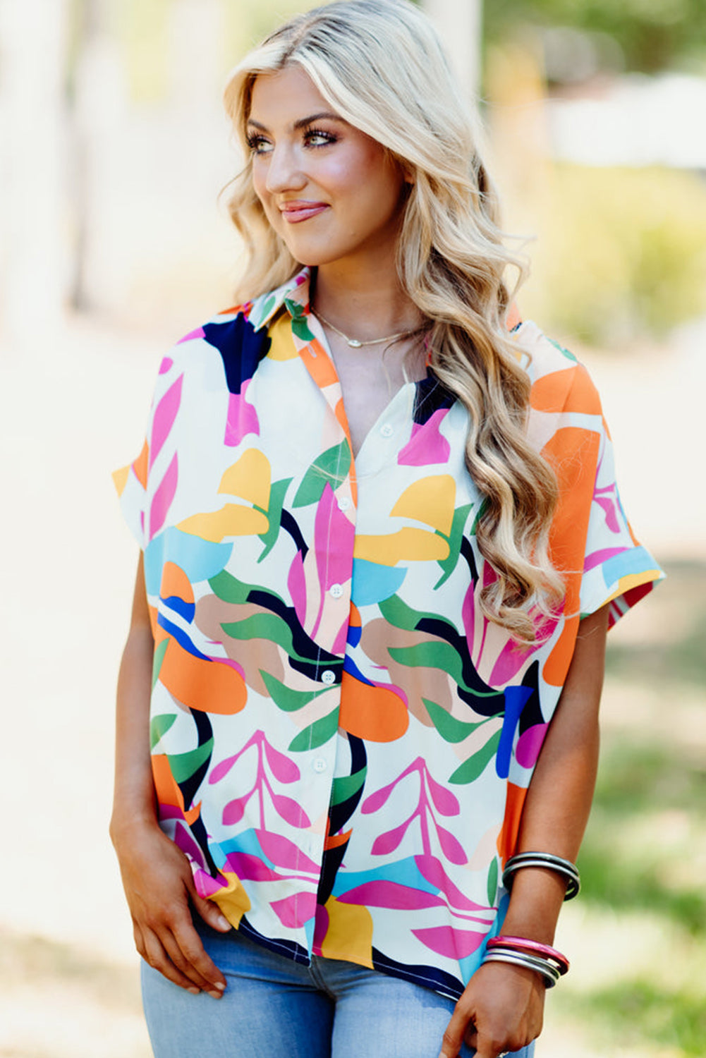 Multicolour Abstract Leafy Print Short Sleeve Shirt