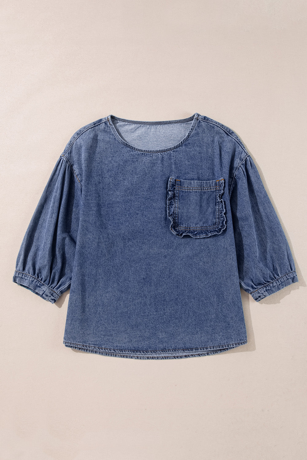 Sky Blue 3/4 Sleeve Ruffled Patched Pocket Denim Shirt