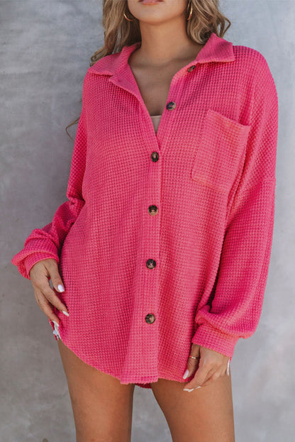 Pink Waffle Knit Button Up Casual Shirt