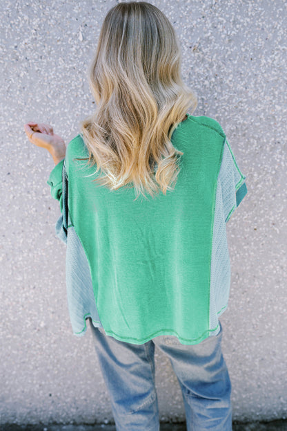 Green Colorblock Stitching Patchwork Buttoned Long Sleeve Top