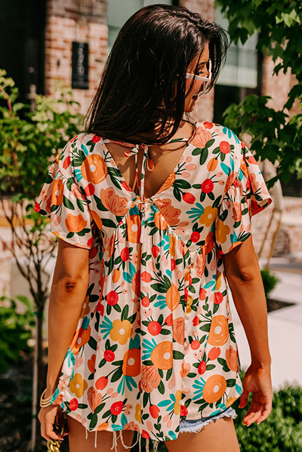 Apricot Floral Print Short Sleeve V Neck Tied Back Blouse