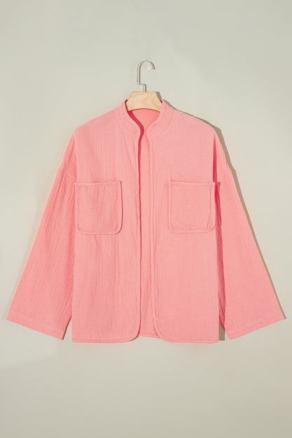 Flamingo Plus Size Solid Color Chest Pocket Crinkled Blouse