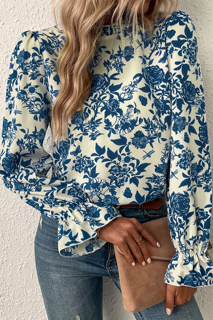 Sky Blue Floral Print Flounce Sleeve Keyhole Blouse