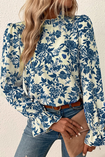 Sky Blue Floral Print Flounce Sleeve Keyhole Blouse