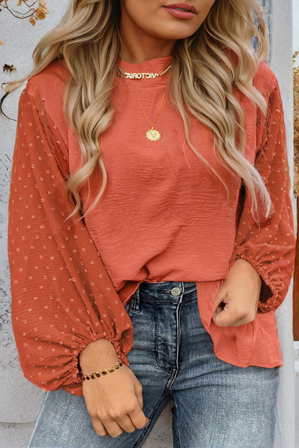 Russet Orange Swiss Dot Balloon Sleeve Shirt