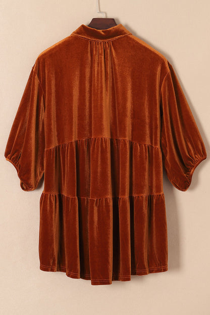 Chestnut 3/4 Sleeve Tunic Babydoll Velvet Shirt