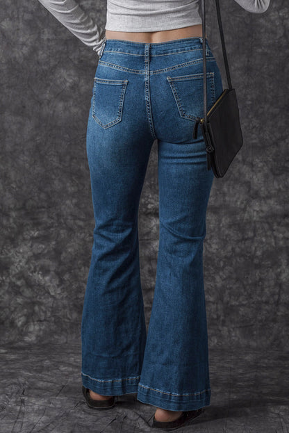 Blue High Waist Seam Stitching Pocket Flare Jeans