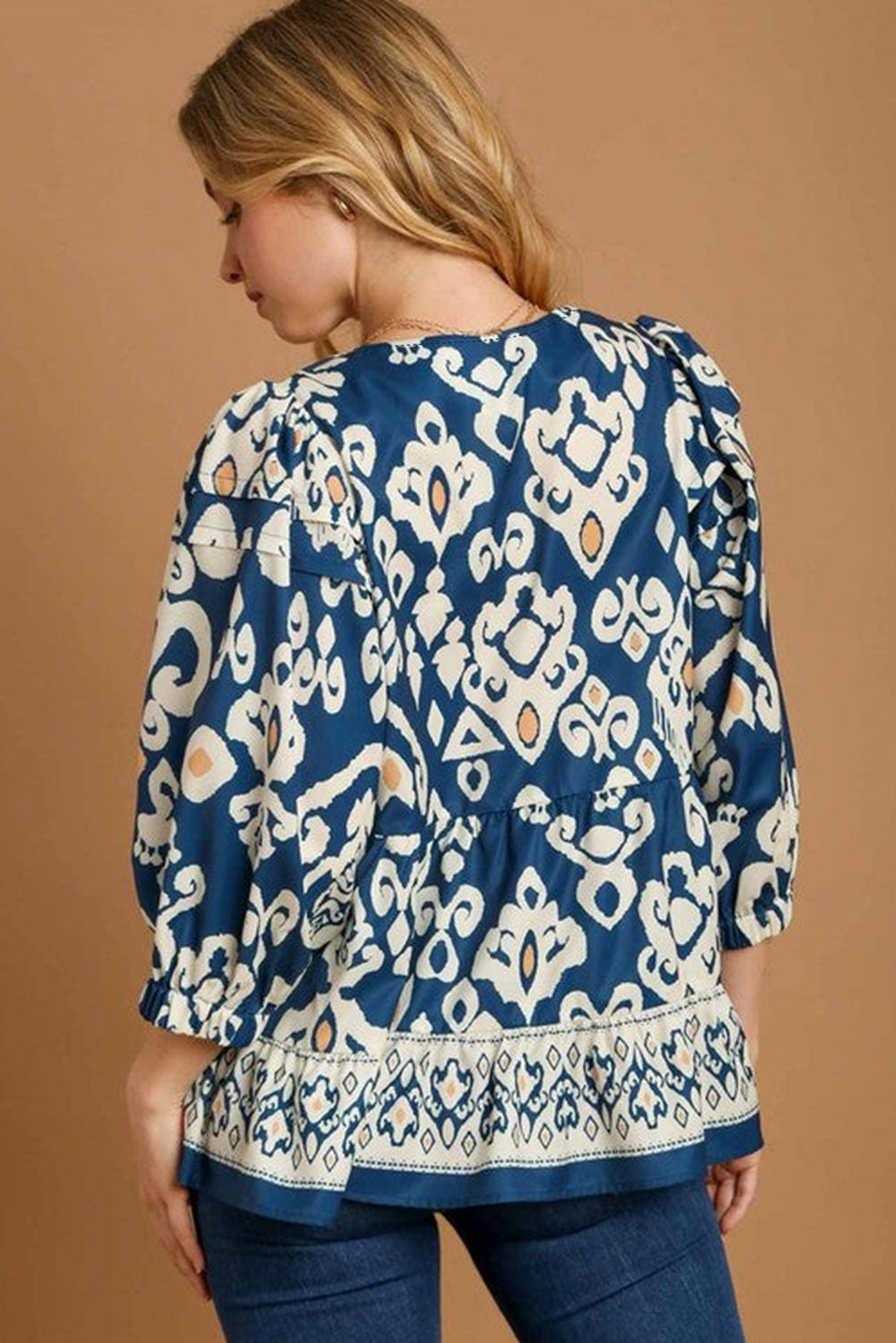 Blue Tribal Geometric Print 3/4 Sleeves Blouse