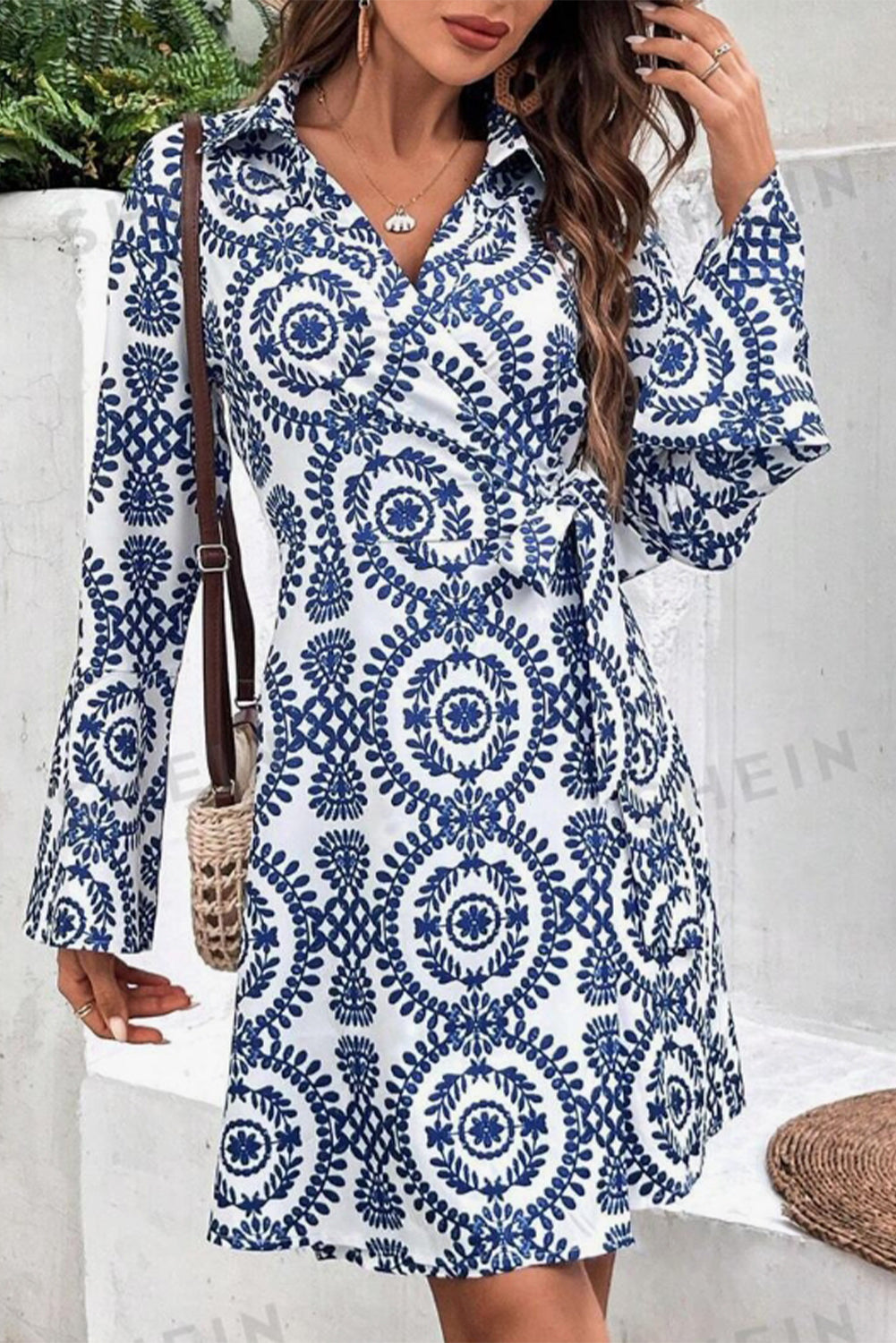 Blue Floral Print V Neck Wrapped Knot Long Sleeve Dress