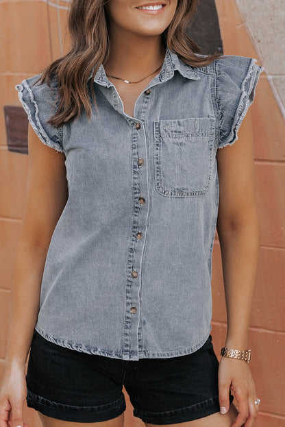 Beau Blue Frayed Ruffle Sleeve Denim Shirt