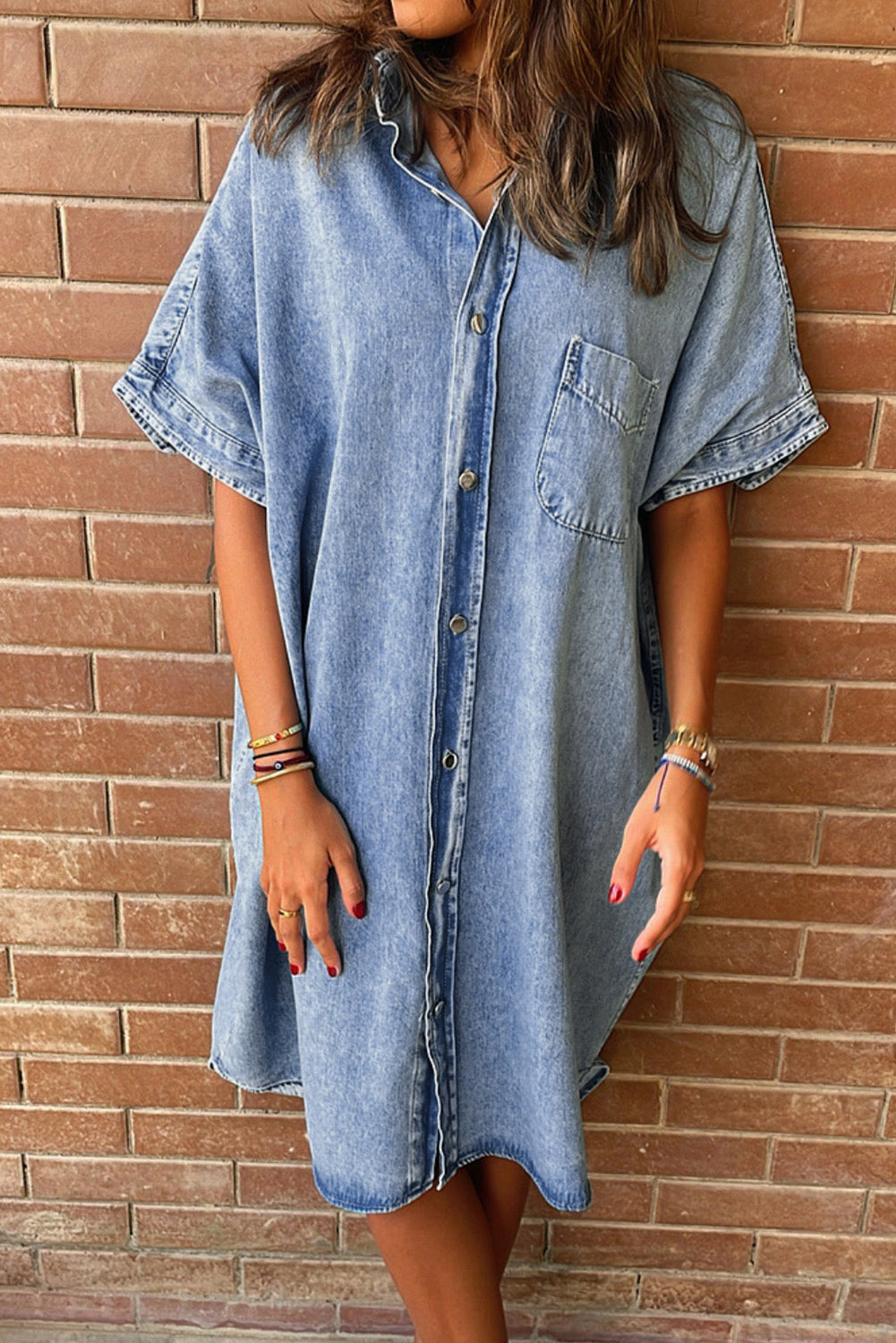 Light Blue Loose Medium Wash Short Sleeve Shirt Chambray Dress