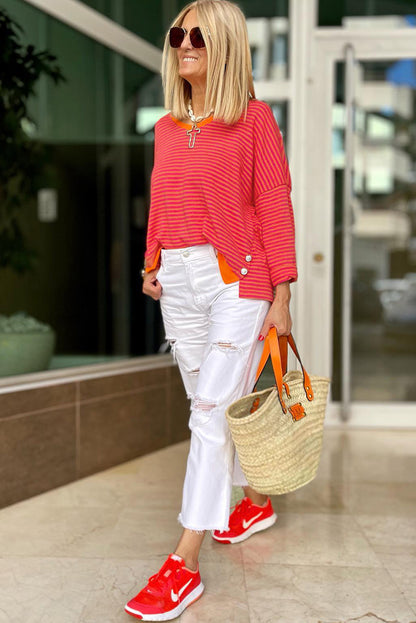 Tomato Red Two Tone Striped Side Buttons Drop Shoulder Shirt