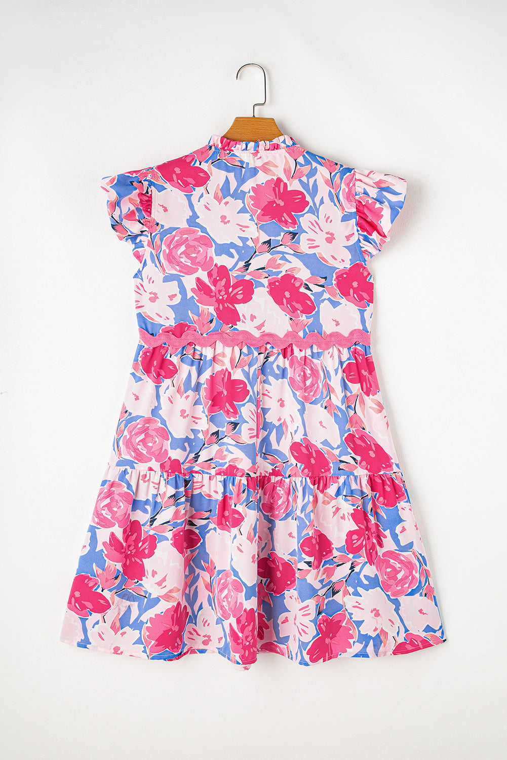 Pink Floral Printed V Notched Ric Rac Flutter Sleeve Dress