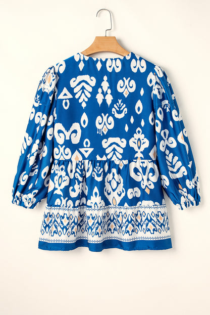 Blue Tribal Geometric Print 3/4 Sleeves Blouse