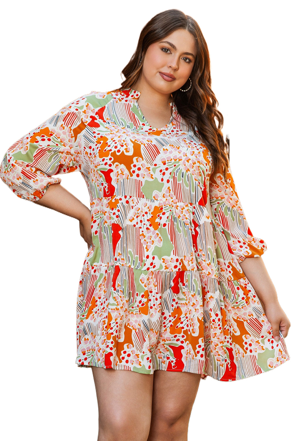 Multicolour Split Neck Puff Sleeve Flowy Printed Dress