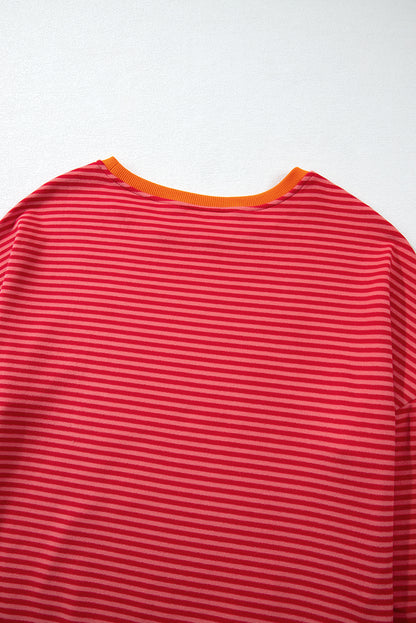 Tomato Red Two Tone Striped Side Buttons Drop Shoulder Shirt