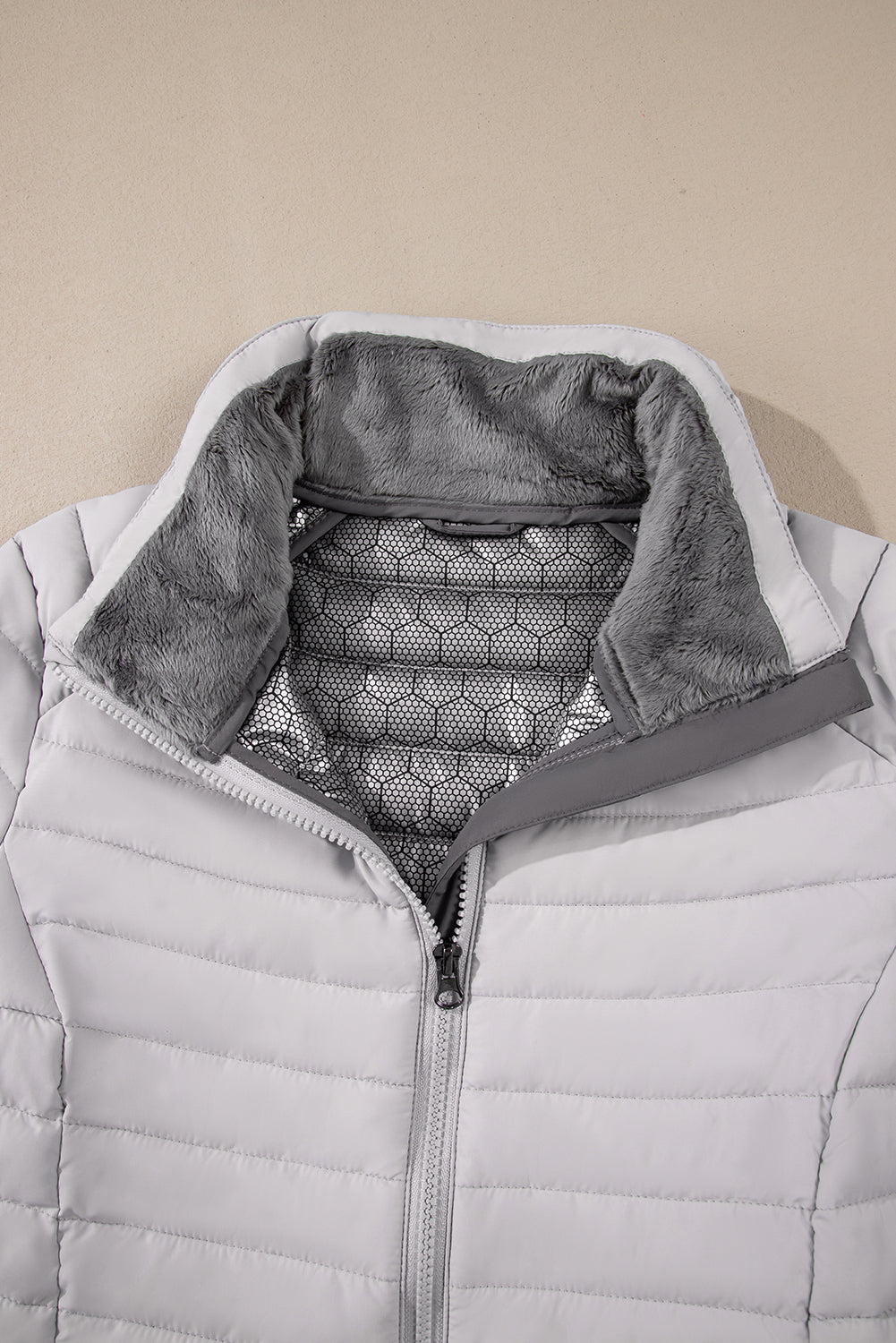 Silvery Solid Color Quilted Zip-up Puffer Jacket