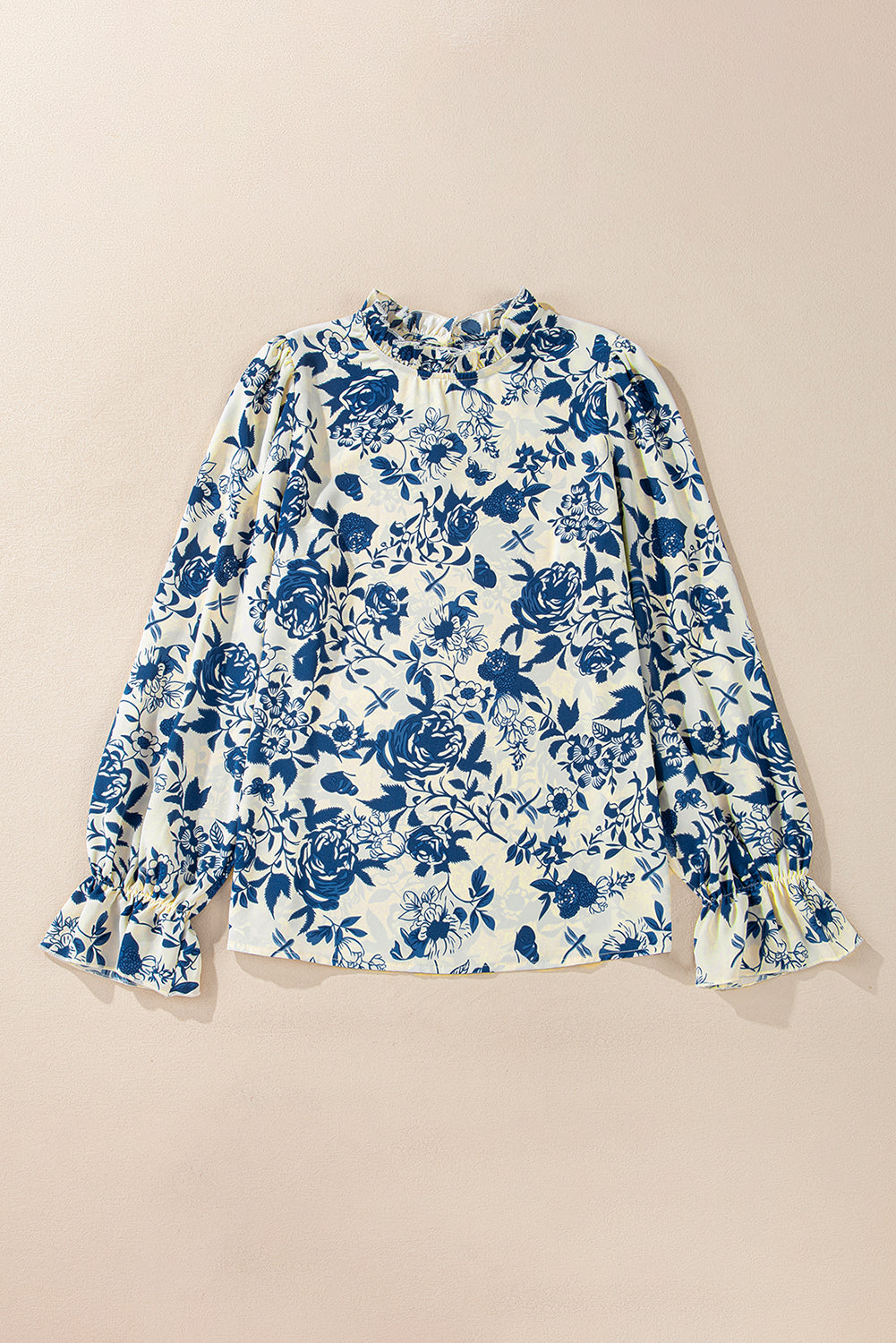 Sky Blue Floral Print Flounce Sleeve Keyhole Blouse