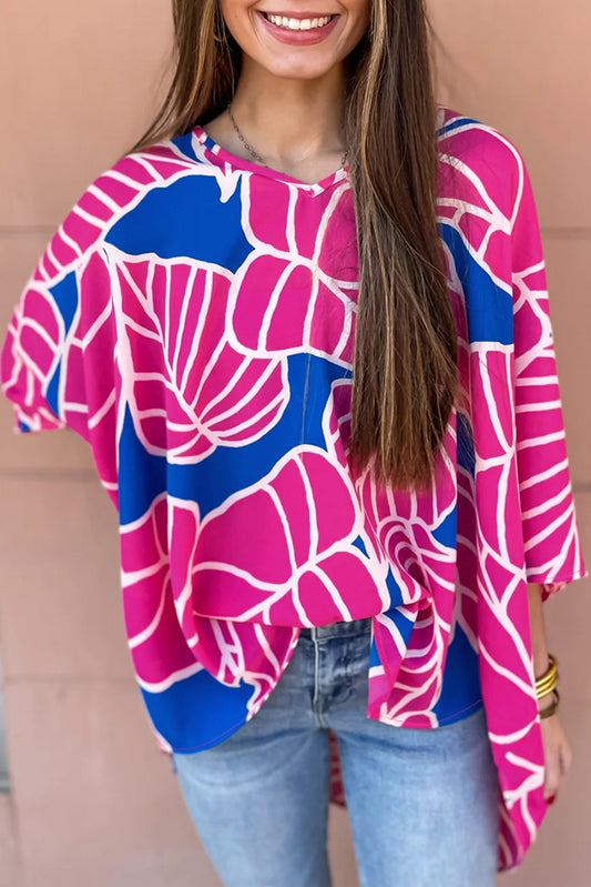 Rose Red Floral Print 3/4 Sleeve V Neck Baggy Blouse