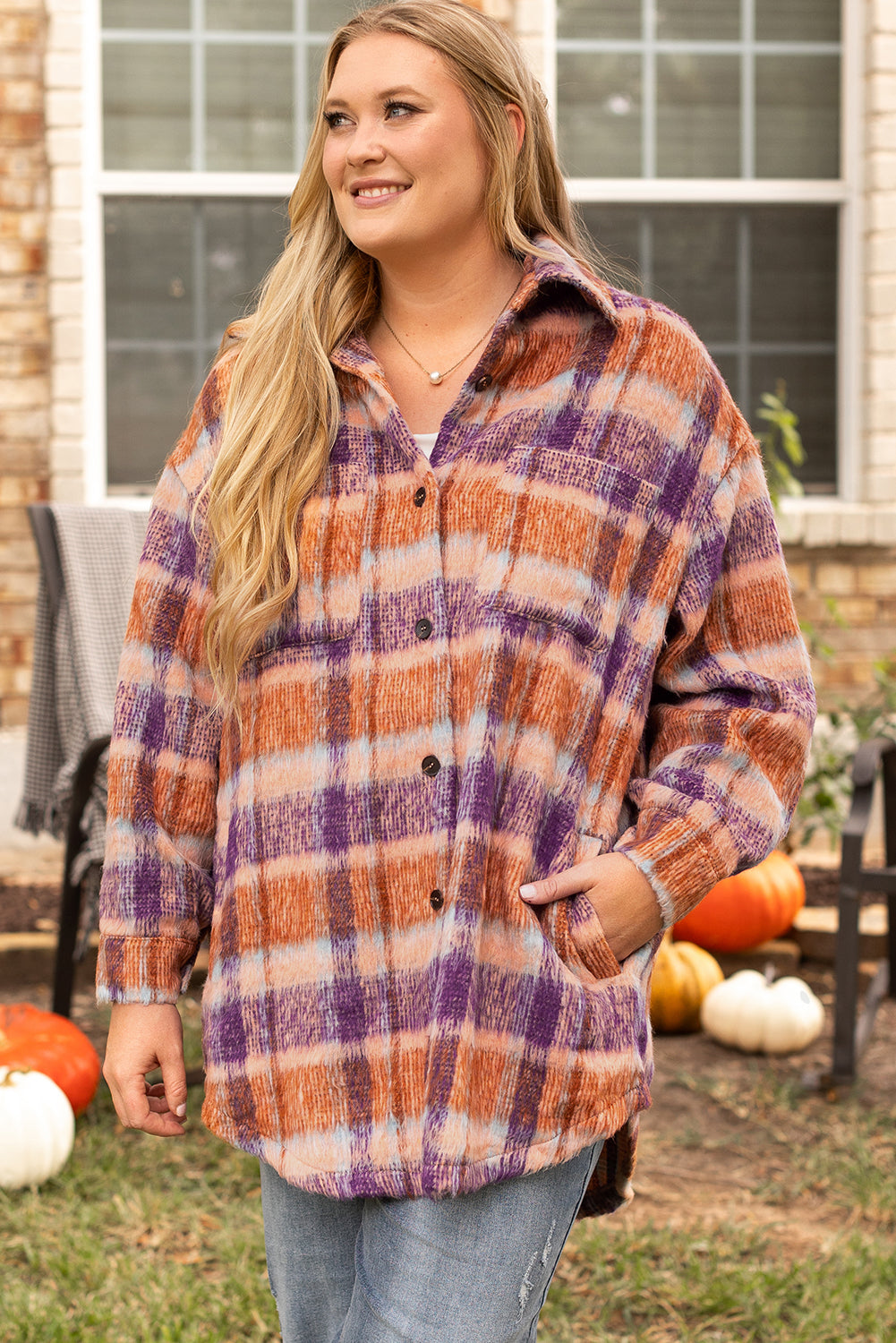 Multicolour Plus Size Plaid Print Collared Button  up Jacket